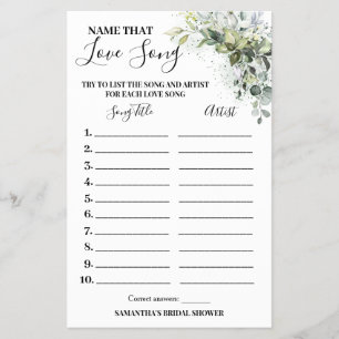 Eucalyptus Name that Love Song Shower Game Card