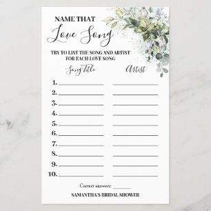 Eucalyptus Name that Love Song Shower Game Card