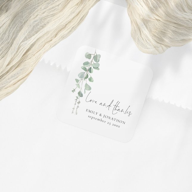 Eucalyptus Names Date Love Thanks Script Wedding Square Sticker (Creator Uploaded)