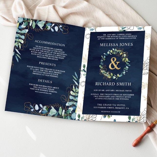Eucalyptus Navy Blue All in One QR Code Wedding Invitation (Creator Uploaded)