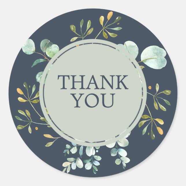 Eucalyptus Navy Blue Botanical Wedding Thank You Classic Round Sticker (Front)