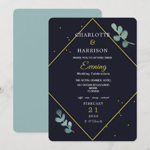 Eucalyptus Navy Gold Evening Wedding Invitation