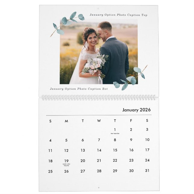 Eucalyptus Newlywed Wedding Photography Collage Calendar (Jan 2026)
