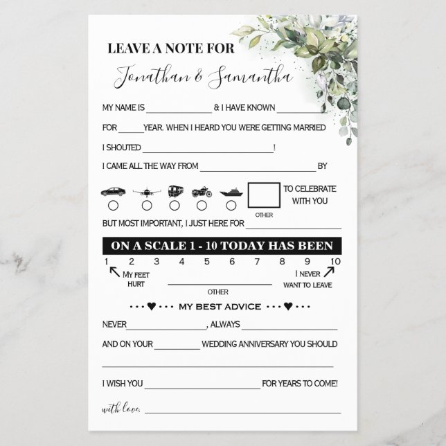 Eucalyptus Note for Couple Wedding Reception Card (Front)
