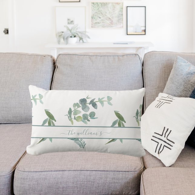 Eucalyptus olive pattern white green lumbar pillow (Creator Uploaded)