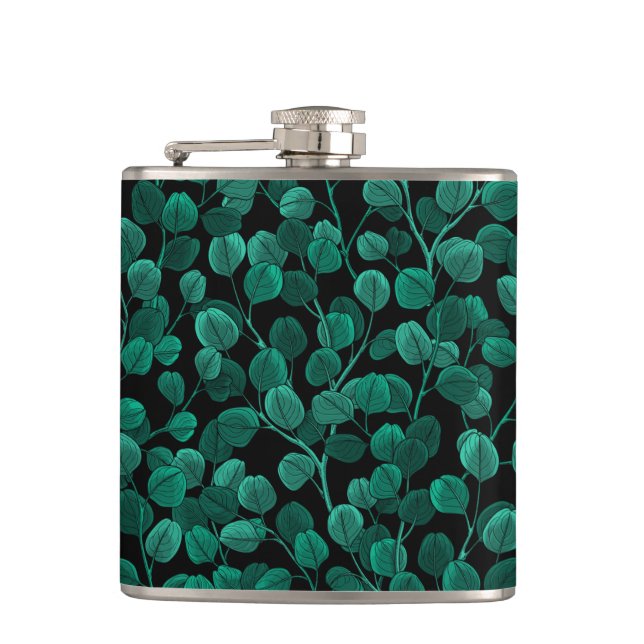Eucalyptus on black hip flask (Front)