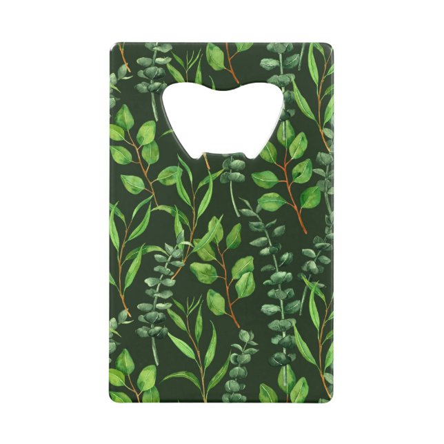 Eucalyptus  on dark green credit card bottle opener (Front)