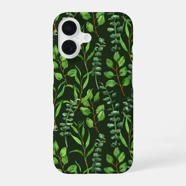 Eucalyptus  on dark green iPhone 16 case (Back)
