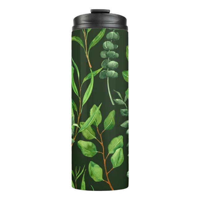 Eucalyptus  on dark green thermal tumbler (Front)
