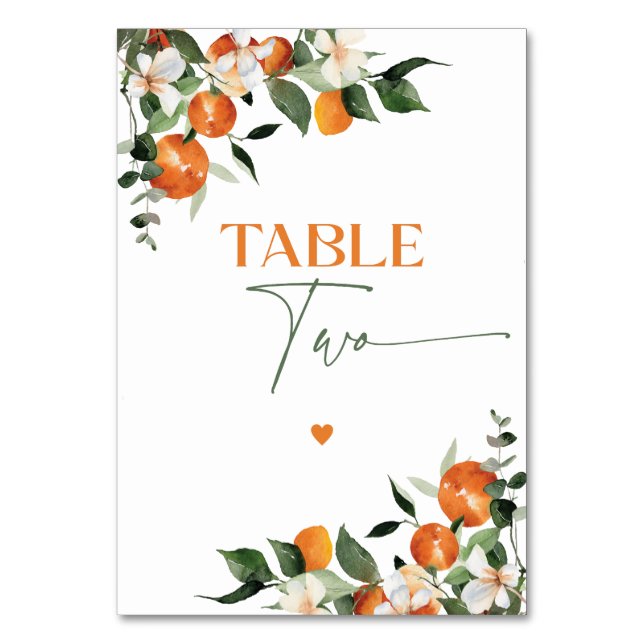 Eucalyptus oranges citrus theme table number Two (Front)