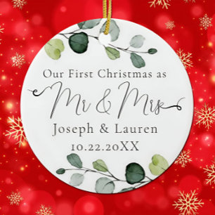 Eucalyptus Our First Christmas Married Mr and Mrs Ceramic Ornament