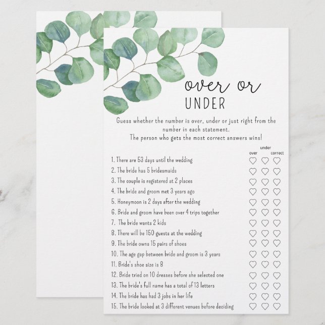 Eucalyptus - Over or Under bridal shower game (Front/Back)