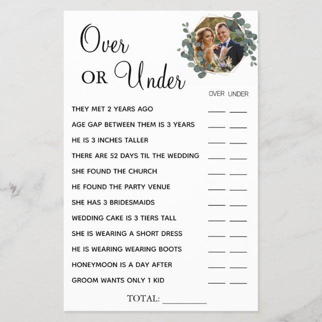 Eucalyptus Over or Under Bridal shower game card (Front)