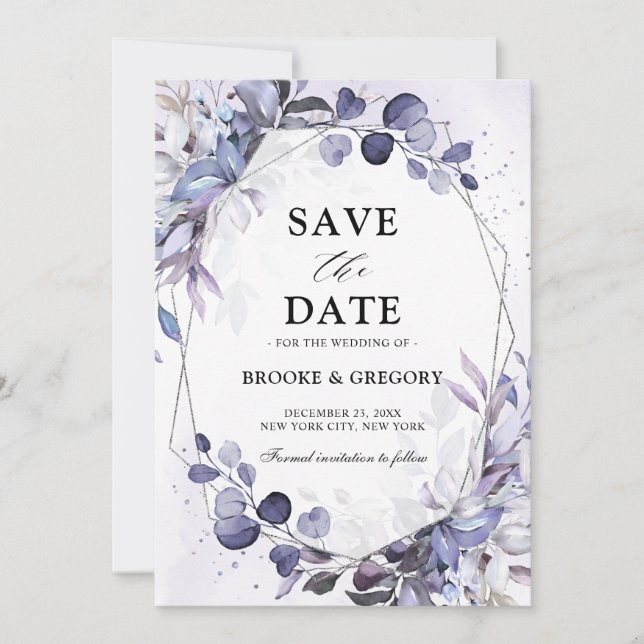 Eucalyptus Periwinkle Purple Geometric Wedding Save The Date (Front)
