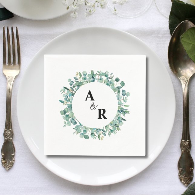 Eucalyptus Personalized Monogram Wedding Cocktail Napkin (Eucalyptus personalized monogram wedding cocktail napkins add fresh elegant charm to receptions.)
