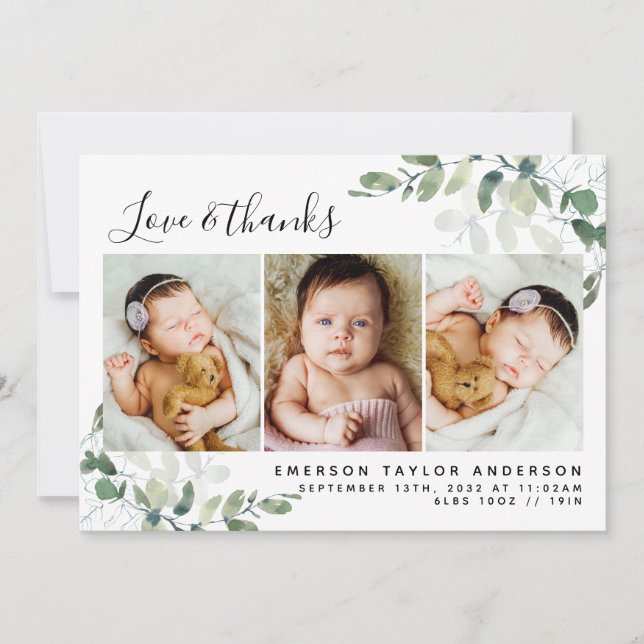 Eucalyptus Photo Baby Thank You Card (Front)