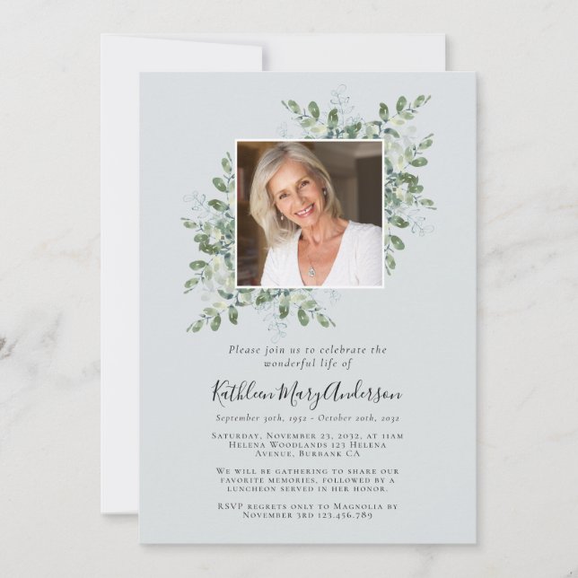 Eucalyptus Photo Celebration of Life Memorial Invitation (Front)