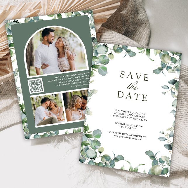 Eucalyptus Photo Collage QR Code Wedding Save The Date (Creator Uploaded)
