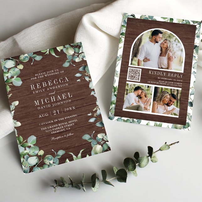 Eucalyptus Photo Collage QR Code Wood Wedding Invitation (Creator Uploaded)
