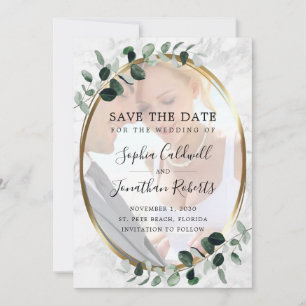 Eucalyptus Photo Gold Frame Marble Wedding Save The Date