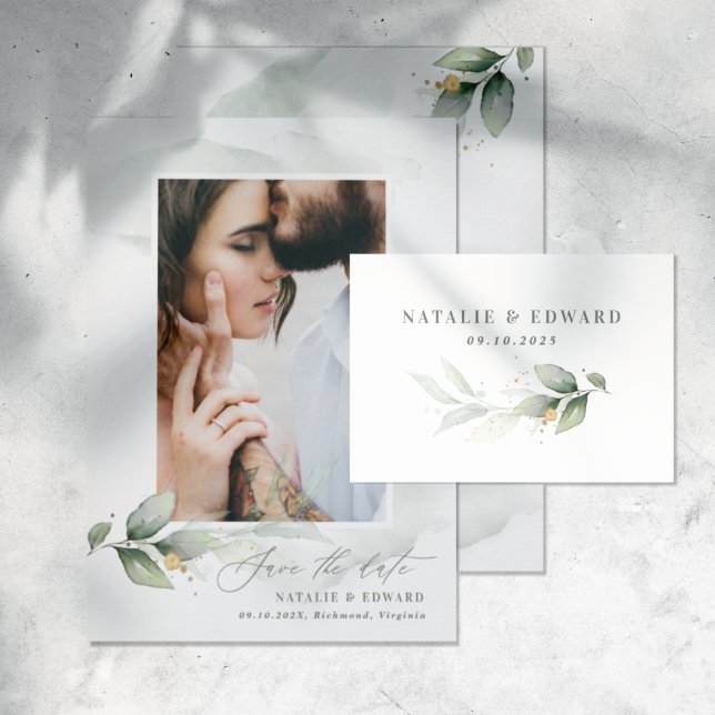 Eucalyptus photo green modern elegant wedding save save the date (Creator Uploaded)