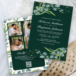 Eucalyptus Photo QR Code Emerald Green Wedding Invitation