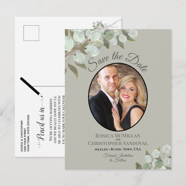 Eucalyptus & Photo Sage Wedding Save the Date Announcement Postcard (Front/Back)
