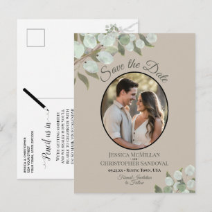 Eucalyptus & Photo Tan Wedding Save the Date Announcement Postcard