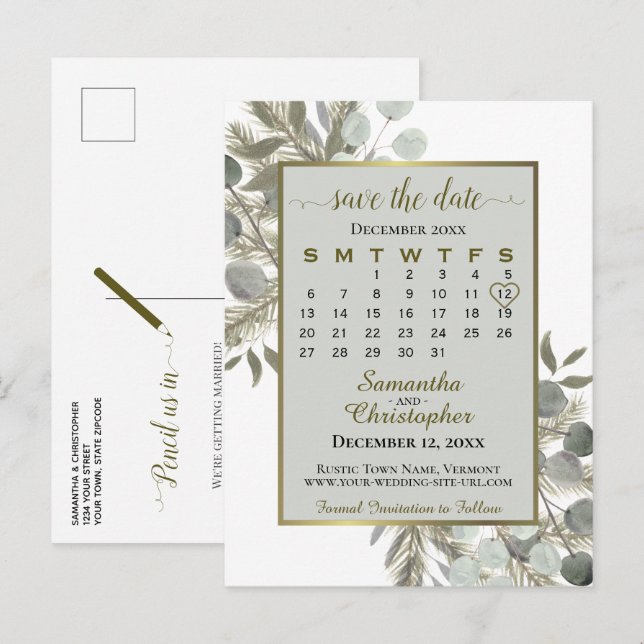 Eucalyptus & Pine Grey Save the Date Calendar Announcement Postcard (Front/Back)