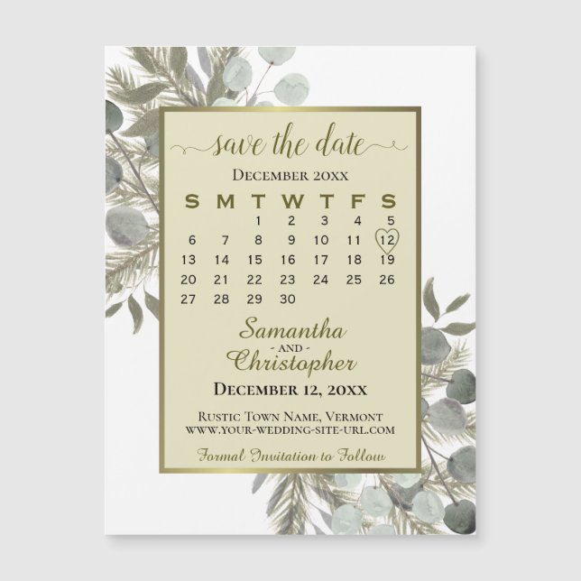 Eucalyptus Pine Save the Date Calendar Gold Magnet (Front)