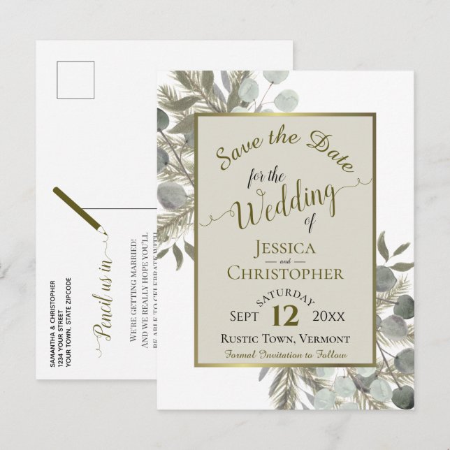 Eucalyptus & Pine Taupe Wedding Save the Date Announcement Postcard (Front/Back)