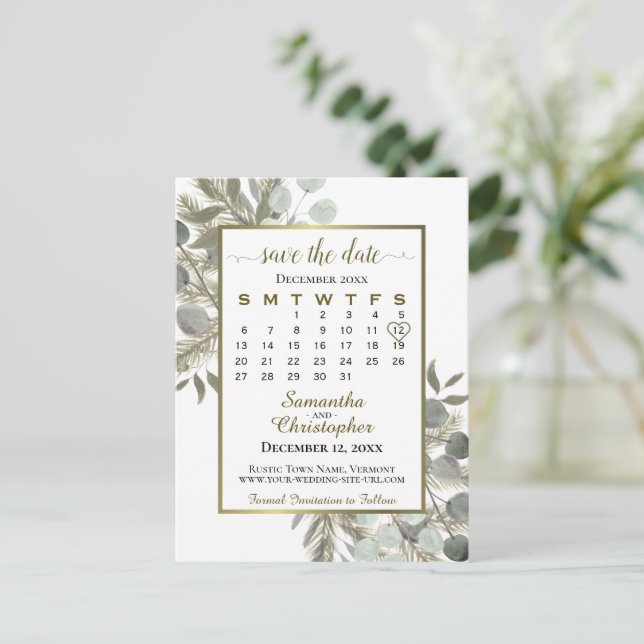 Eucalyptus & Pine Wedding Save the Date Calendar Announcement Postcard (Standing Front)