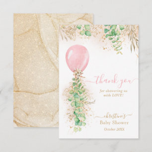 Eucalyptus Pink Balloon Baby Shower Thank You Card