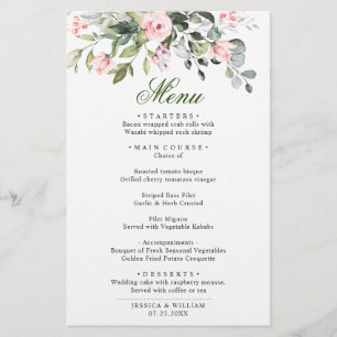 Eucalyptus Pink Blush Roses Wedding Dinner Menu