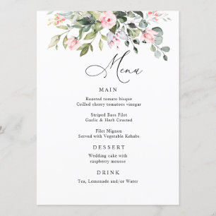 Eucalyptus Pink Blush Roses Wedding Dinner Menu