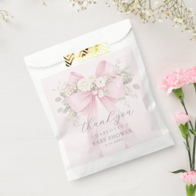Eucalyptus Pink Bow Baby Shower Thank you Favour Bag (Sealed)