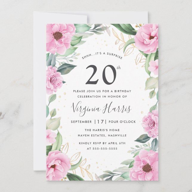 Eucalyptus Pink Floral Twenty 20th Birthday Invitation (Front)