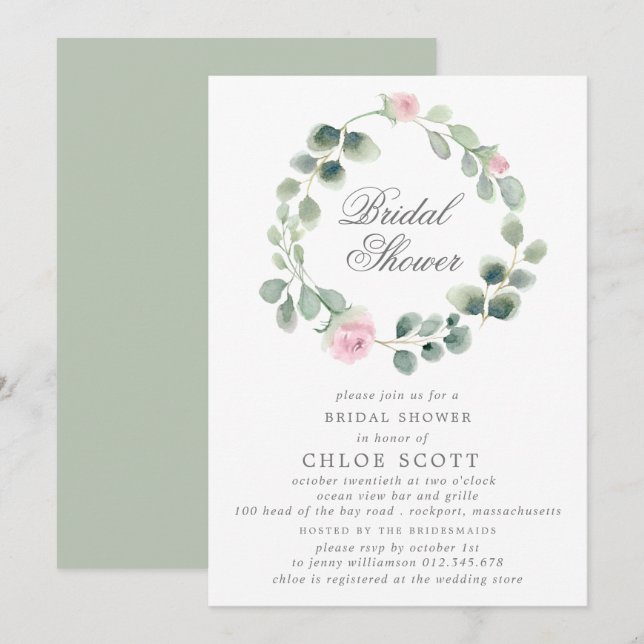 Eucalyptus Pink Floral Wreath Bridal Shower Invitation (Front/Back)