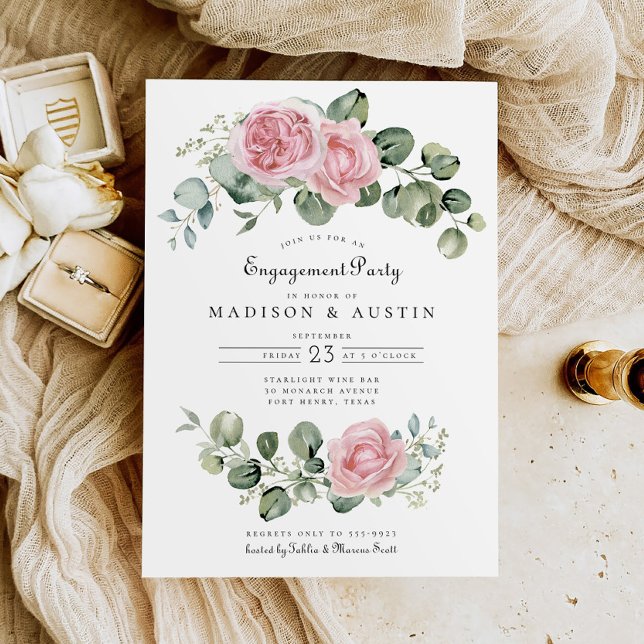 Eucalyptus Pink Rose Floral Arch Engagement Party Invitation (Creator Uploaded)
