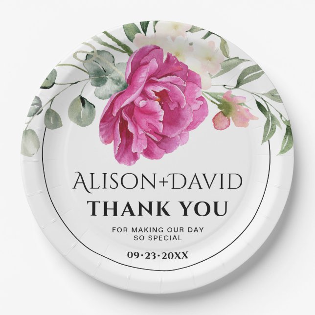 Eucalyptus, pink rose flowers typography wedding paper plate (Front)