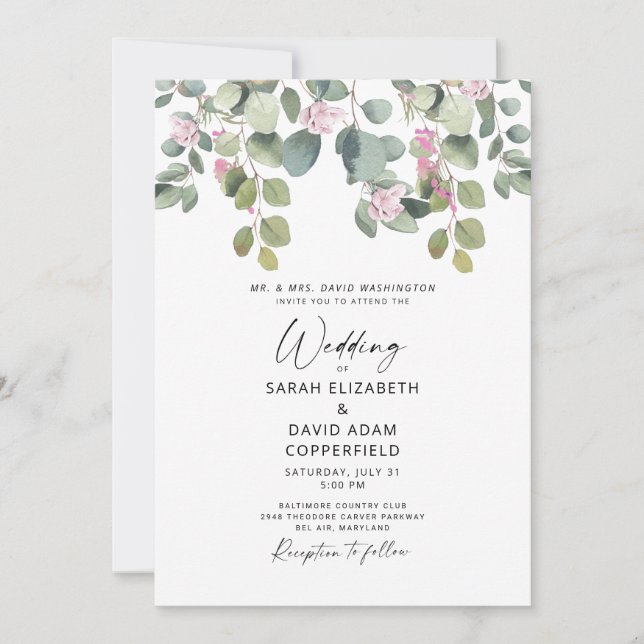 Eucalyptus & Pink Rose Wedding Invitation (Front)