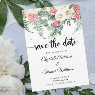Eucalyptus Pink White Floral Roses Save the Date Invitation