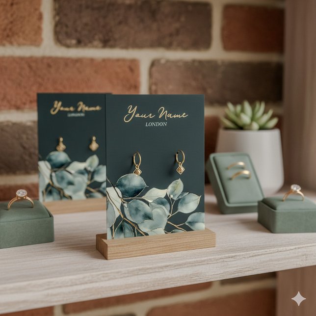 Eucalyptus pretty leafy earring display card (Elegant earring display card with gold script, watercolor eucalyptus. Modern jewelry presentation.)