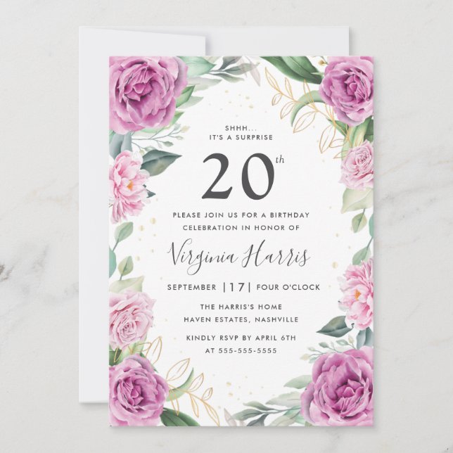 Eucalyptus Purple Floral Twenty 20th Birthday Invitation (Front)