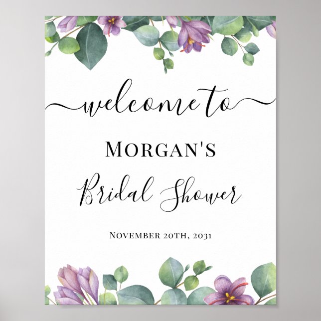 Eucalyptus Purple Greenery Bridal Shower Welcome Poster (Front)