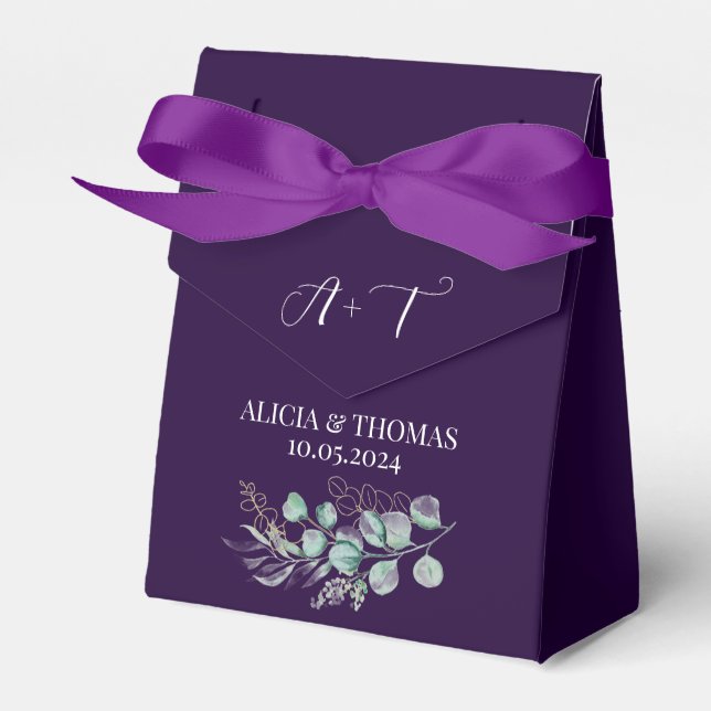 Eucalyptus Purple Plum Botanical Initials Wedding  Favor Box (Front Side)