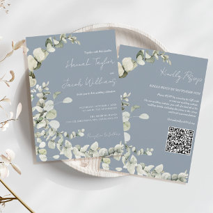 Eucalyptus QR Code Dusty Blue Wedding Invitation