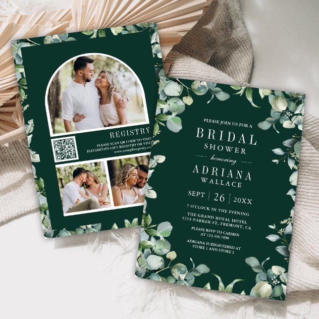 Eucalyptus QR Code Emerald Green Bridal Shower Invitation (Creator Uploaded)
