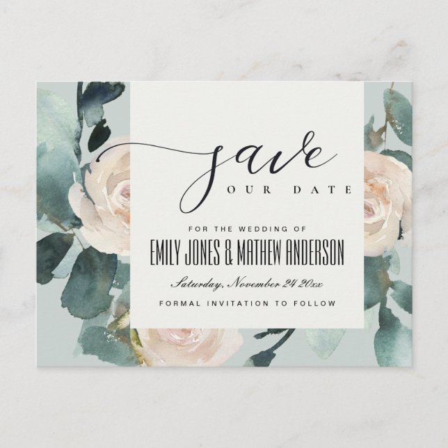 EUCALYPTUS ROSE BLUSH GREY KRAFT SAVE THE DATE ANNOUNCEMENT POSTCARD (Front)