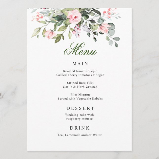 Eucalyptus Rose Blush Rose Dîner Menu Mariage (Devant)